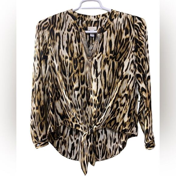 Chico’s SZ 8 Chiffon Bianca Animal Print Shirt Tie Front Sequin Slit Neck - Picture 3 of 12
